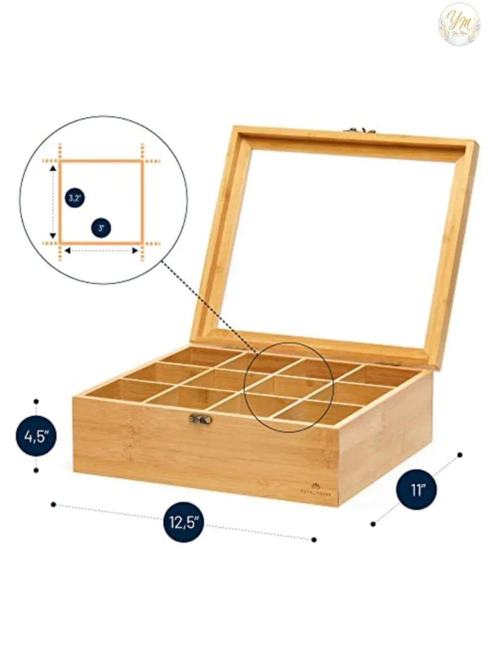 Natural Bamboo Tea Storage Organizer with Clear Acrylic Window, 12 Compartments